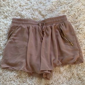 Tan and Gold Foley shorts with zipper pockets